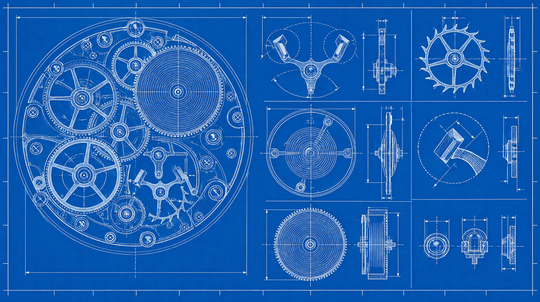 Horological plate of a clockwork escapement, gear train and component studies